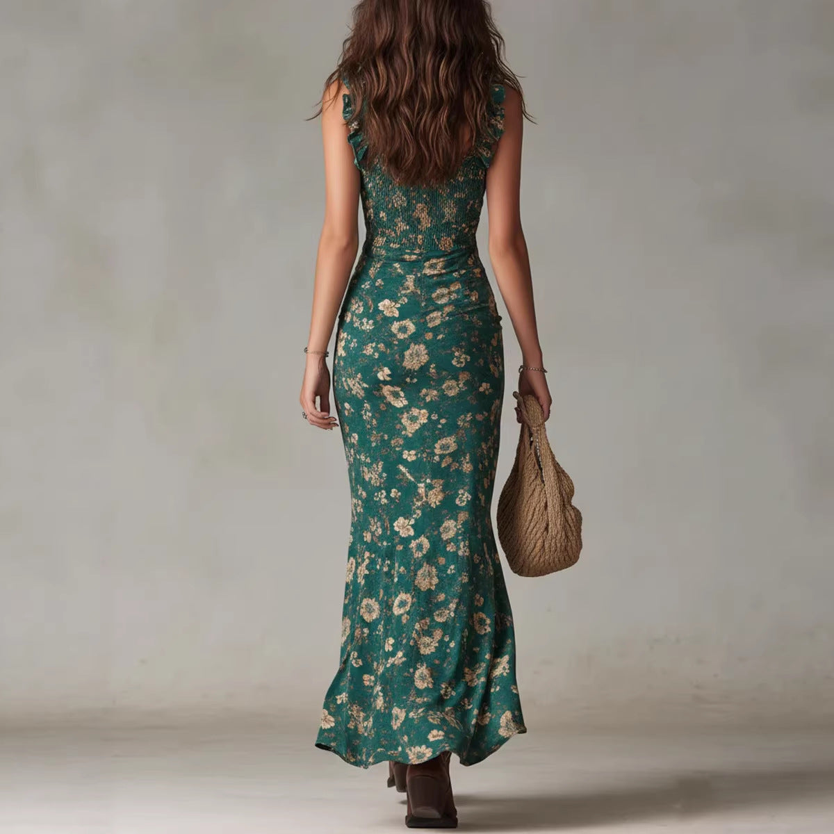 Ruffle Trim Asymmetrical Chiffon Maxi Dress – High Slit & High Waist