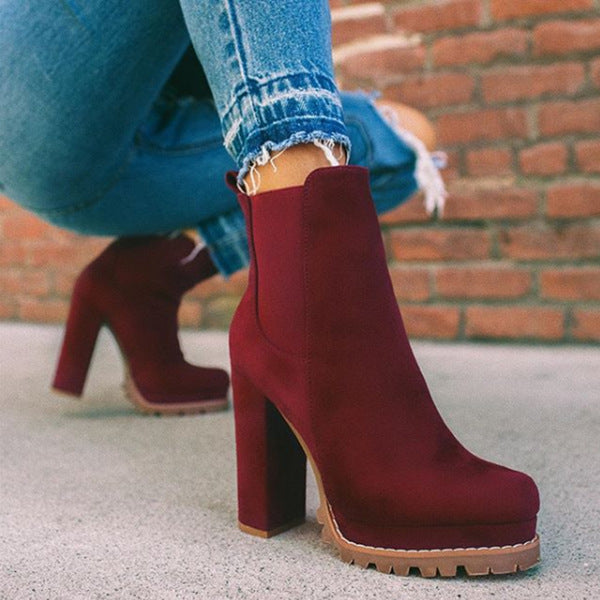 Suede Square Heel Platform Ankle Boots