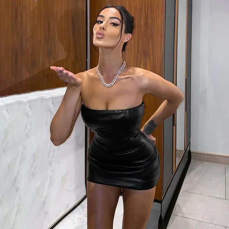 Mandotos Black Leather Look Strapless Mini Dress For Elegant Evening Wear And Night Out